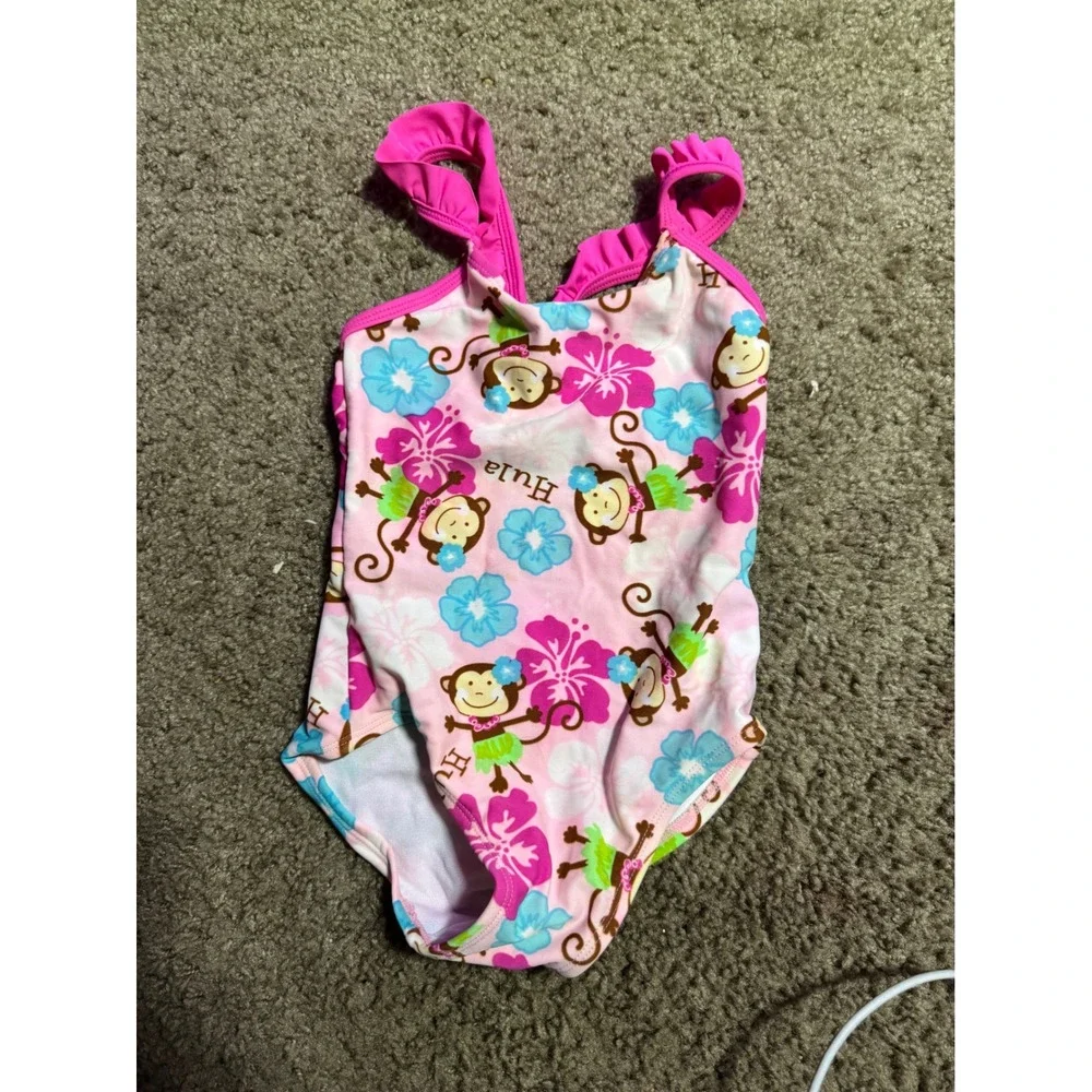 Jumping Beans Toddler Girls Pink Hula Monkey Hibiscus One Piece Swimsuit 3T